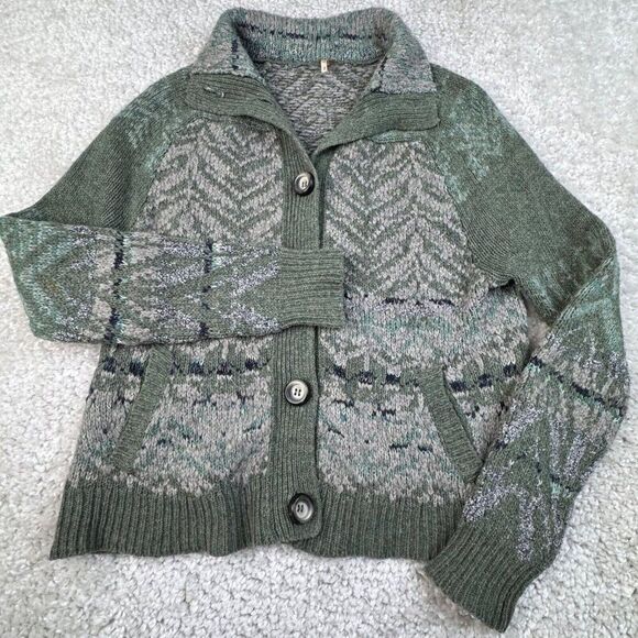 Free People Sweaters - Free People Wool Button Front Cardigan Sweater Green Gray Print
